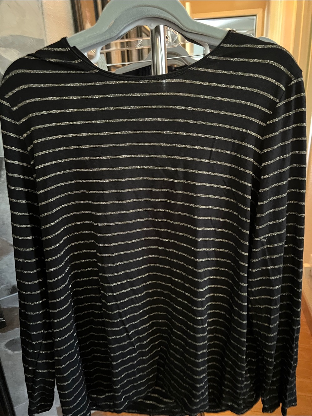 WomensBlack Long-Sleeve Stripe Sweater with Metallic Accents